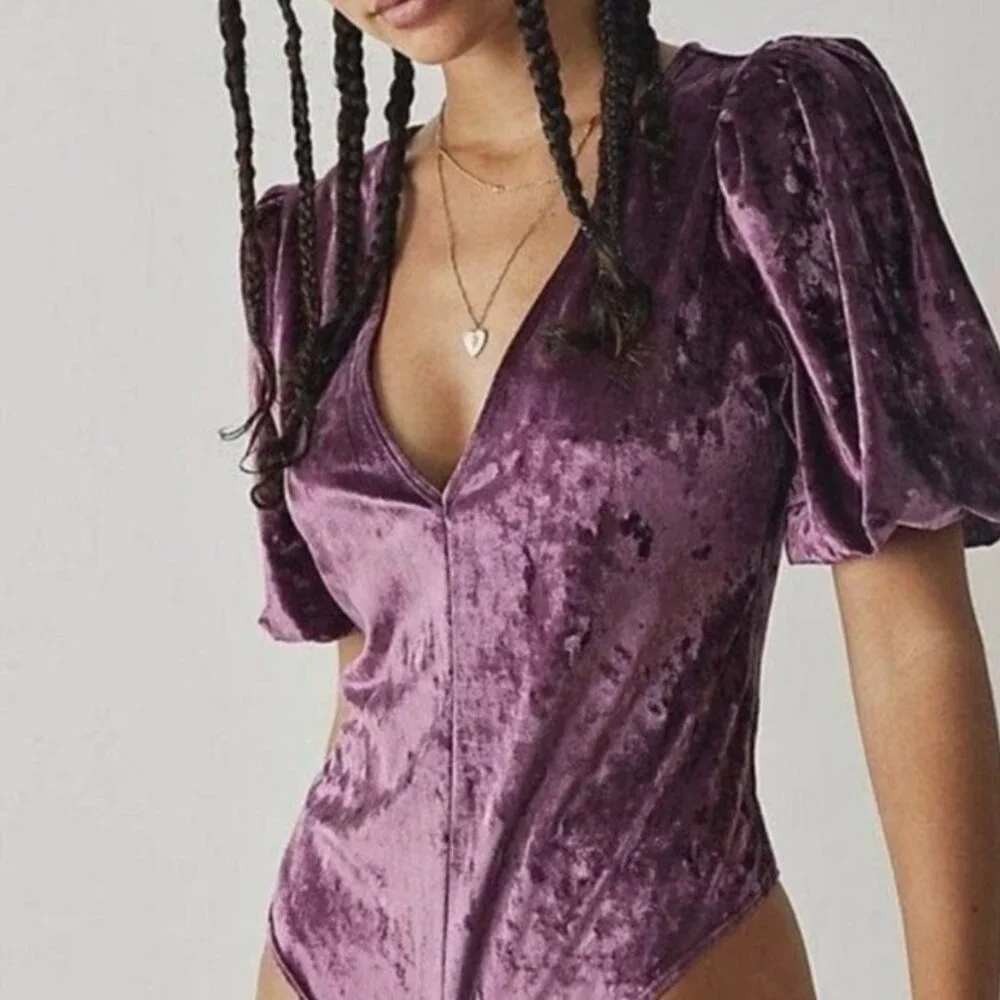 Intimately Free People Don't You Wish Bodysuit‎ Purple Crushed Velvet V-Neck S